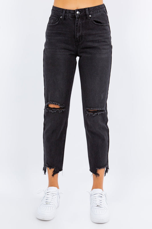 American BaziHigh Waist Distressed Cropped Straight Leg Jeans in Black