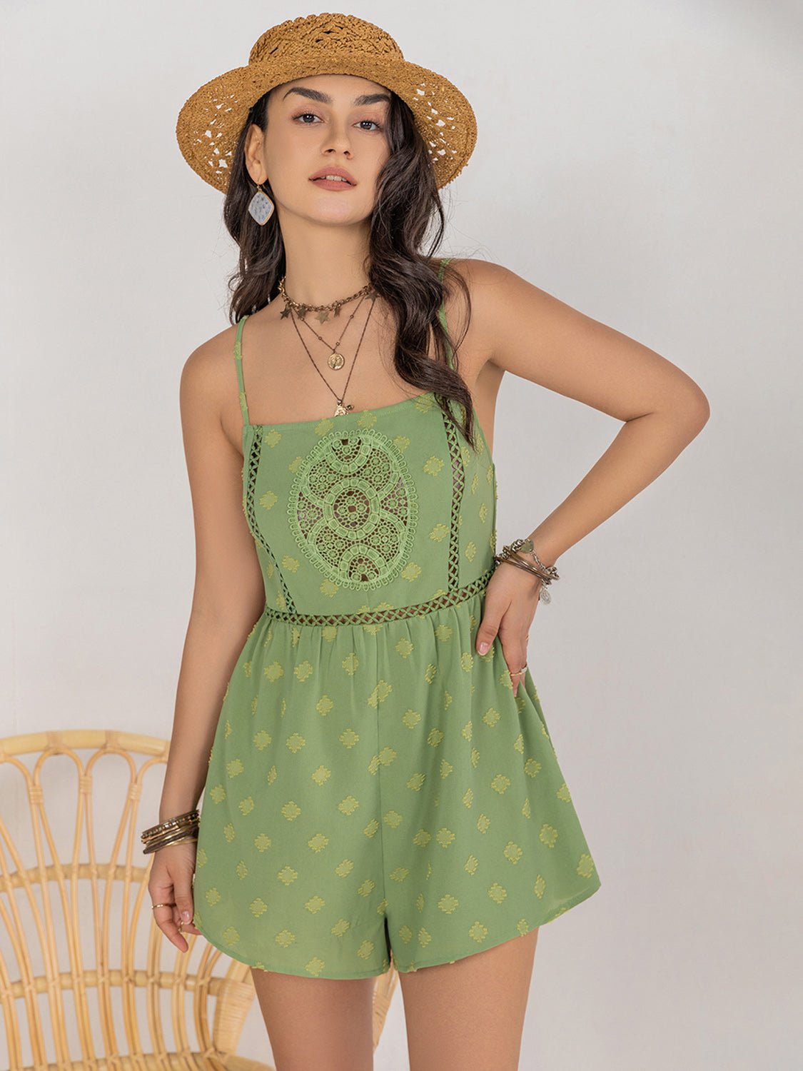 Beach Rose Co.Square Neck Spaghetti Strap Romper in Lime