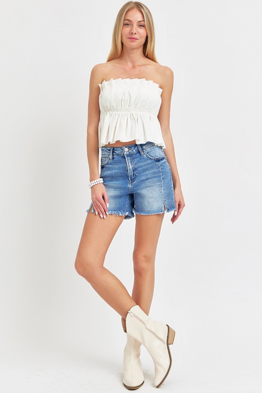 RISENMedium Wash Raw Hem Denim Shorts