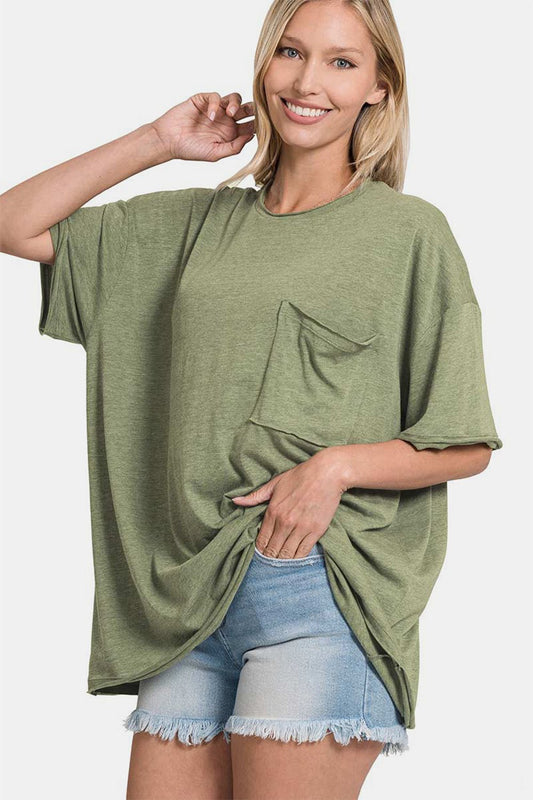 ZenanaDrop Shoulder Oversized Front Pocket T - Shirt in Olive