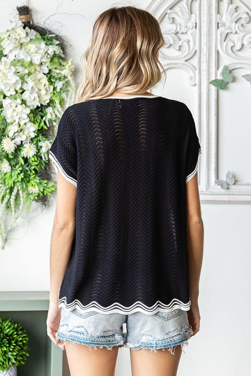 First LoveContrast Trim Crochet Short Sleeve Knit Top in Black