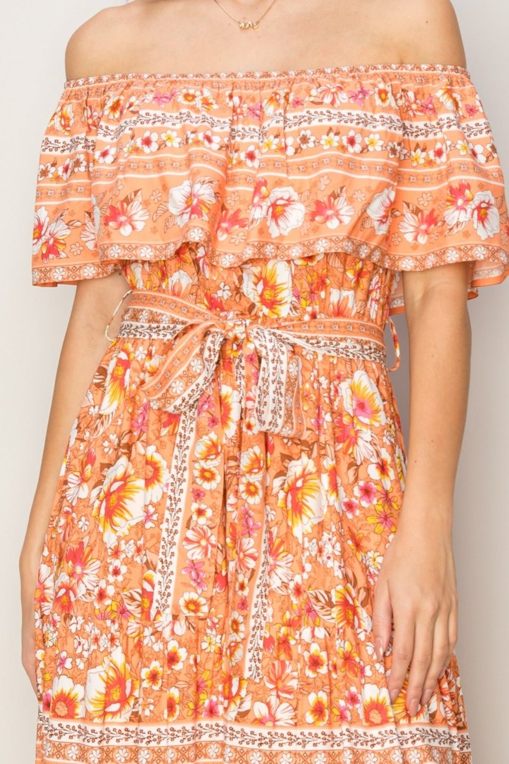 HYFVEFloral Off - Shoulder Maxi Dress in Apricot