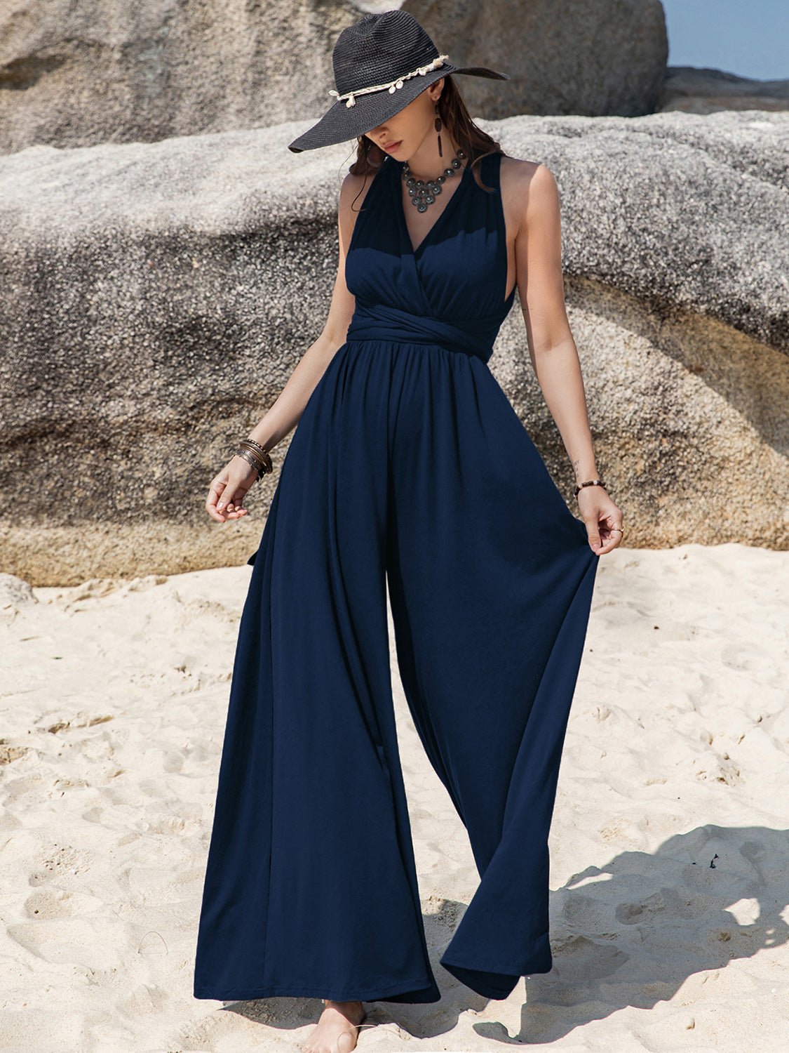 Beach Rose Co.Surplice Wide Leg Tie Back Jumpsuit in Dark Blue