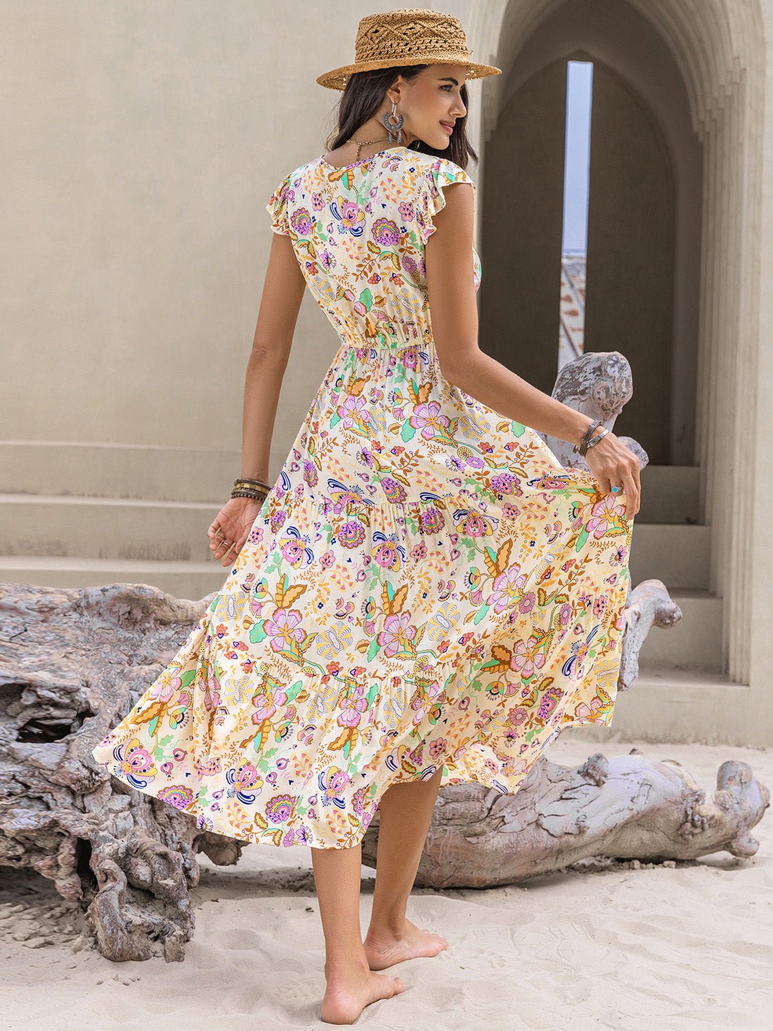 Beach Rose Co.Floral Print Cap Sleeve Midi Dress in Pastel Yellow