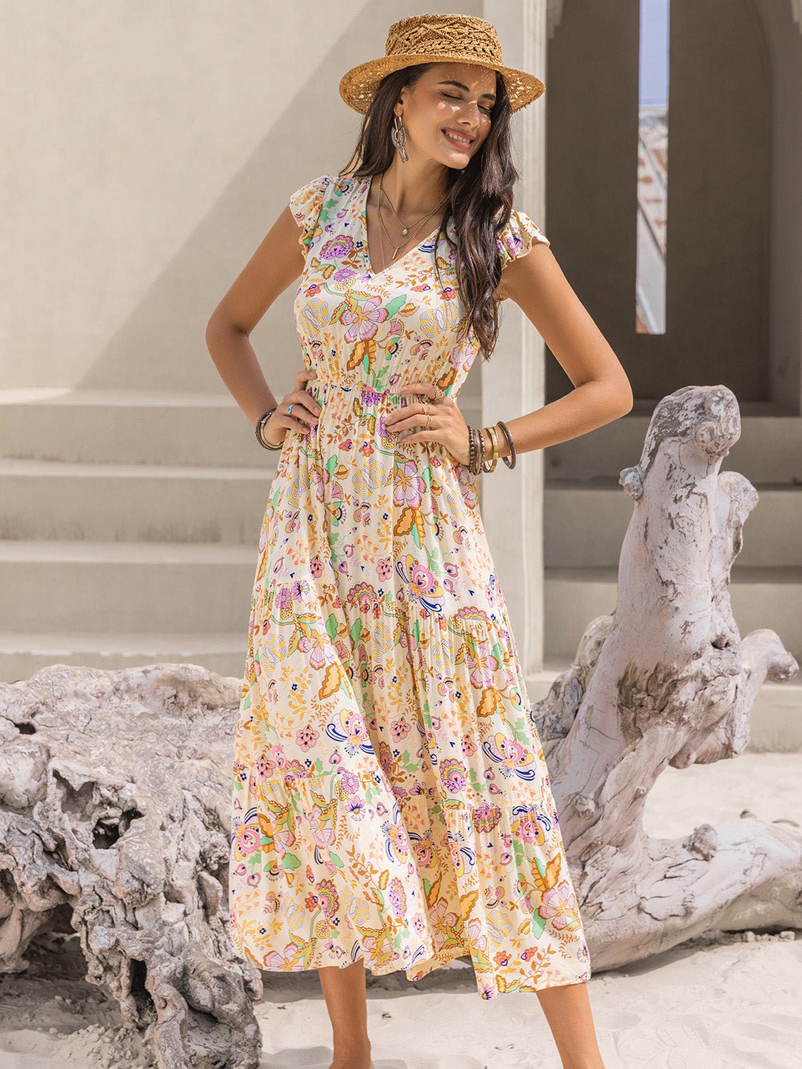 Beach Rose Co.Floral Print Cap Sleeve Midi Dress in Pastel Yellow