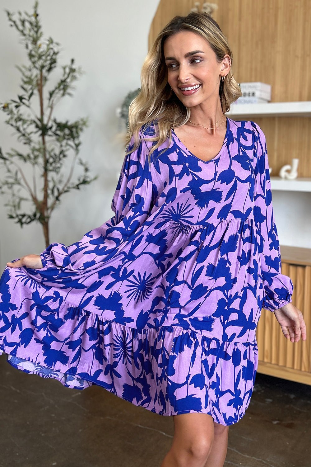 Double TakeFloral Print Ruffle Hem Long Sleeve Knee - Length Dress