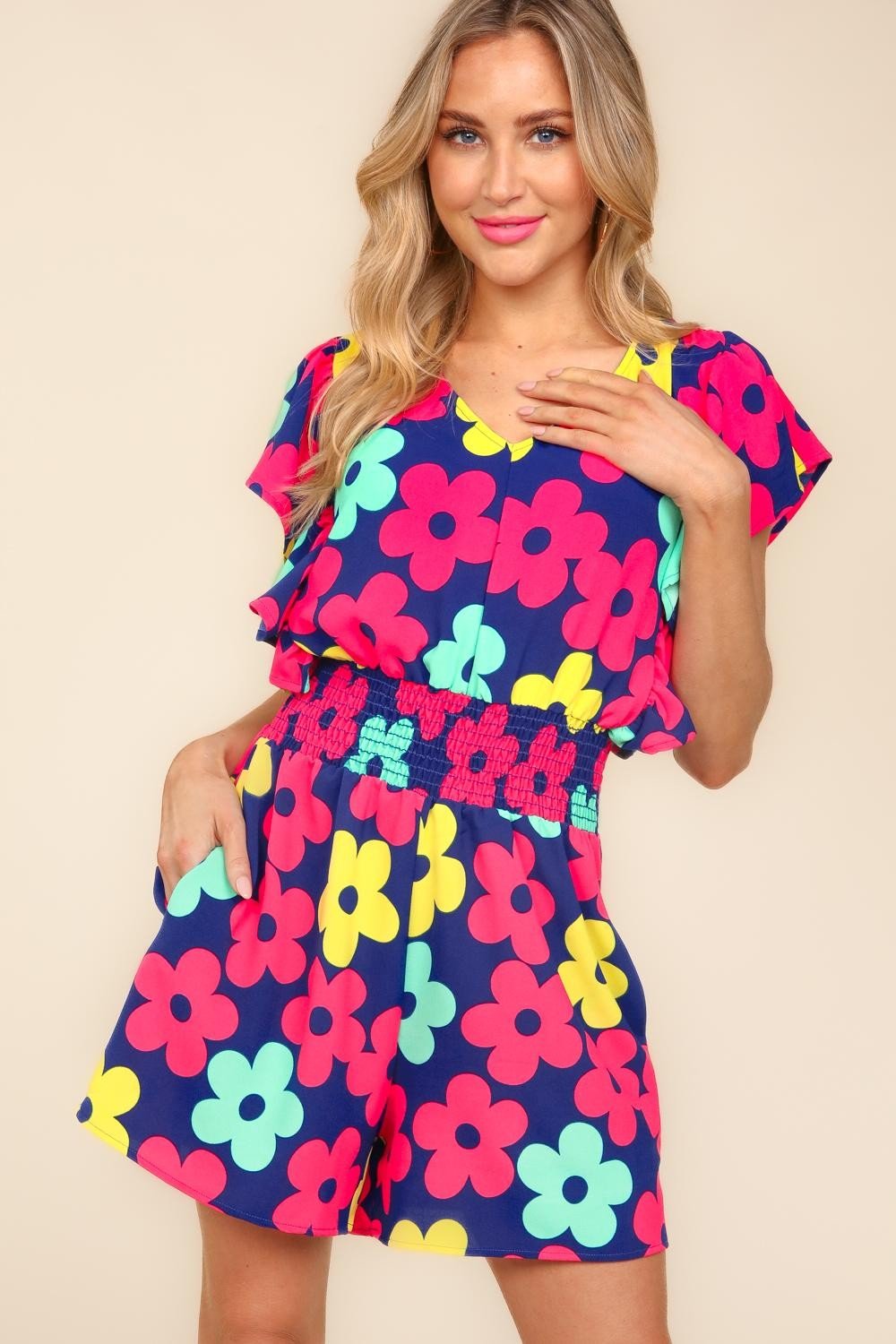 HapticsFloral Smocked Waist Romper in Navy/Fuchsia