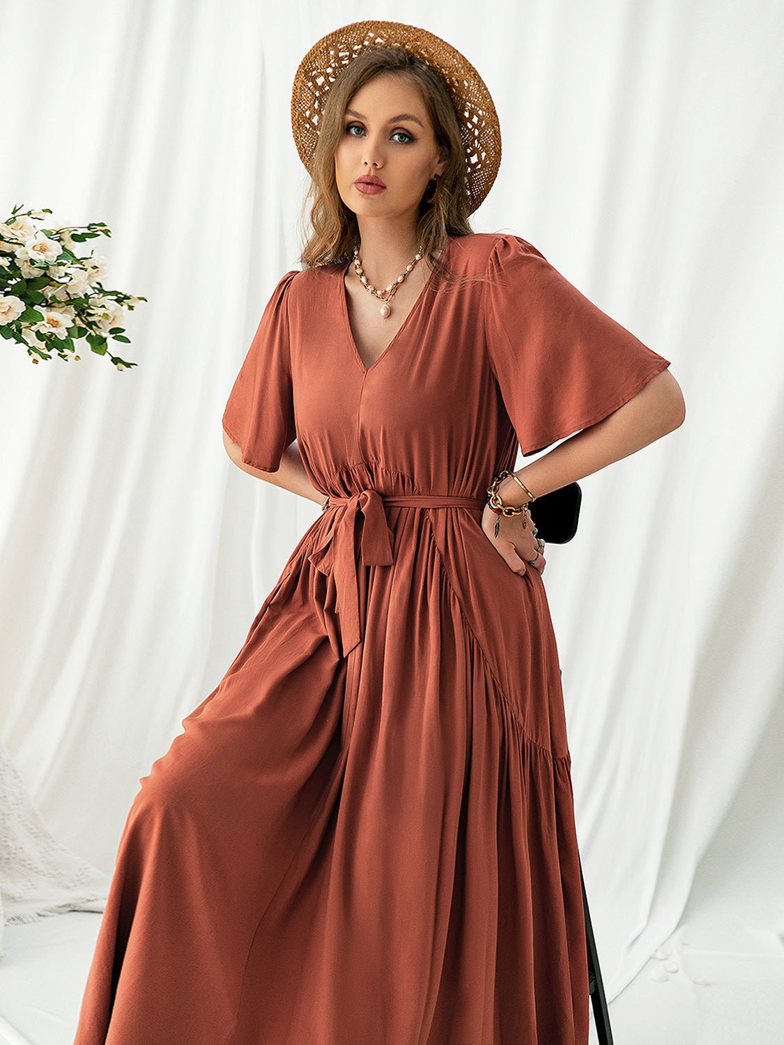 Beach Rose Co.Plus Size V - Neck Flutter Sleeve Midi Dress in Rust