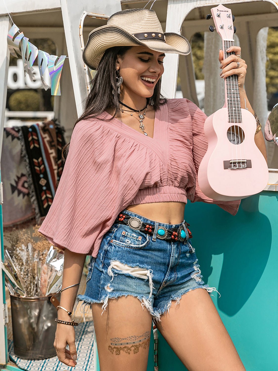 Beach Rose Co.Textured V - Neck Crop Top in Dusty Pink