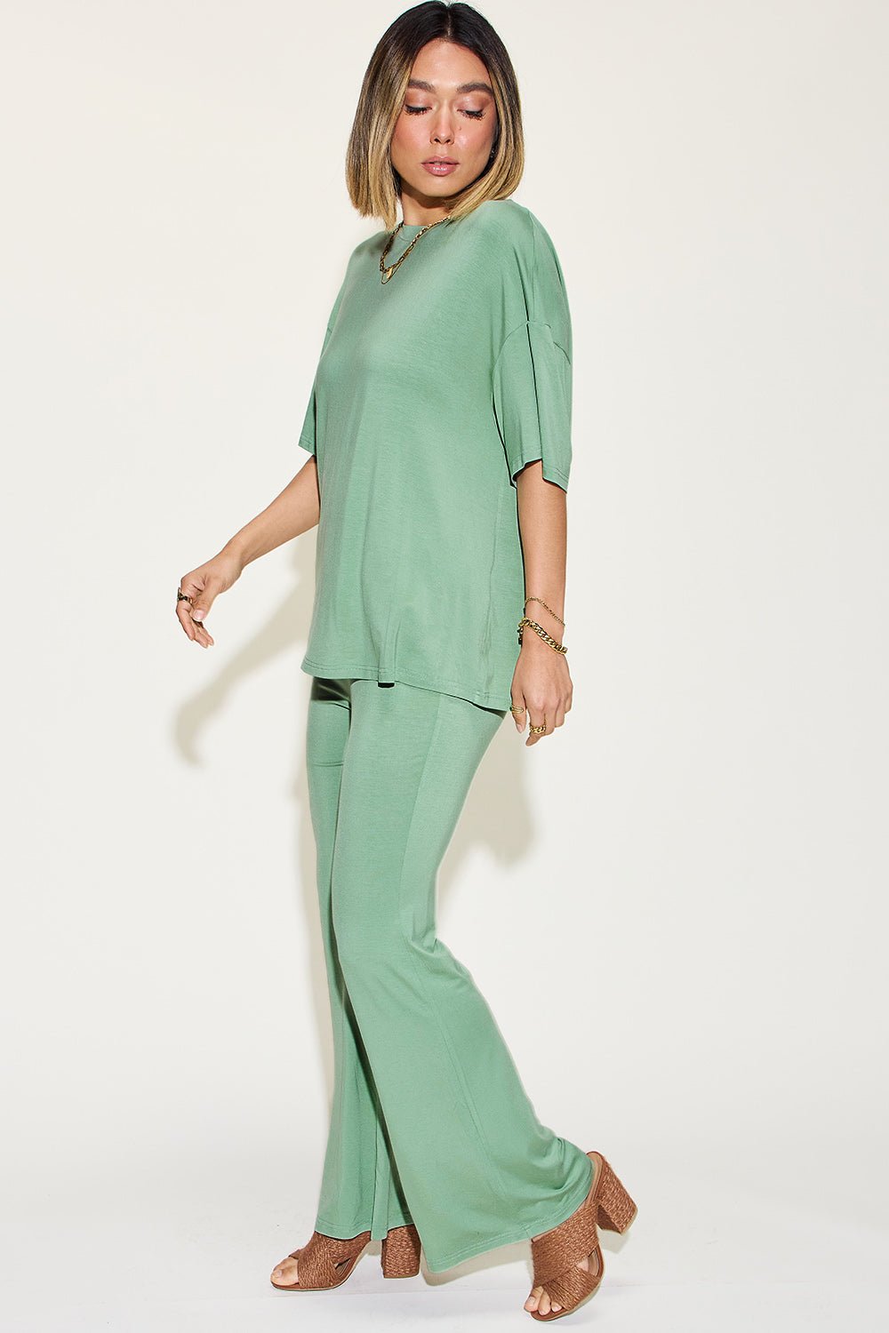 Basic BaeDrop Shoulder T - Shirt and Flare Pants Set