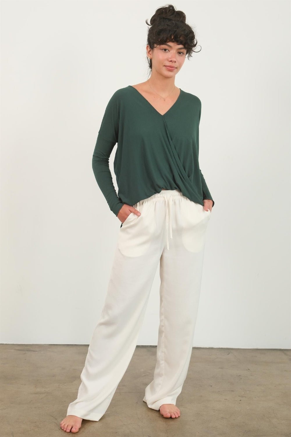 HYFVEDraped Drop Shoulder Long Sleeve Top in Dark Green