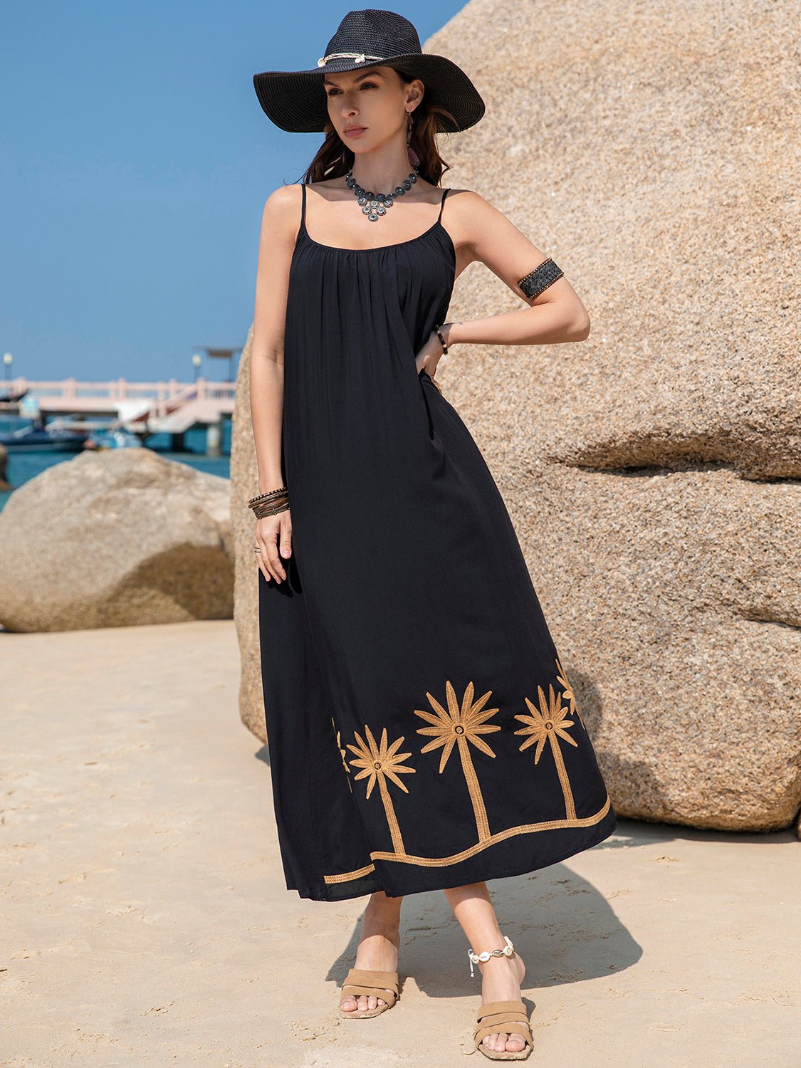 Beach Rose Co.Embroidered Palms Scoop Neck Midi Cami Dress in Black