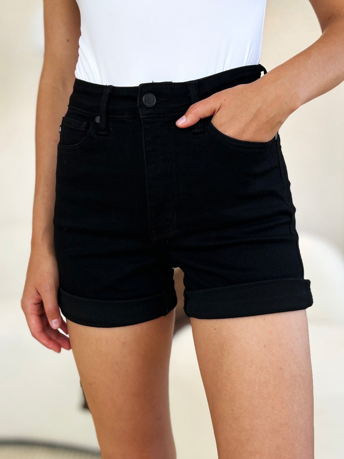 Judy BlueHigh Waist Tummy Control Cuffed Denim Shorts in Black