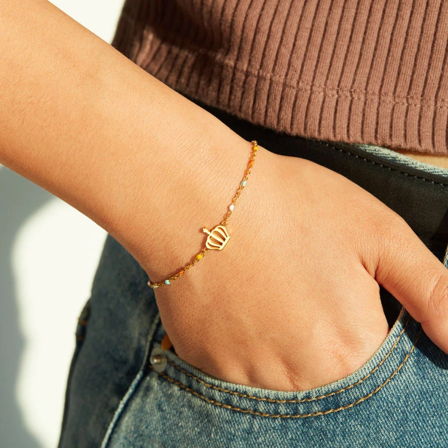 Beach Rose Co.Gold Crown Charm Beaded Bracelet