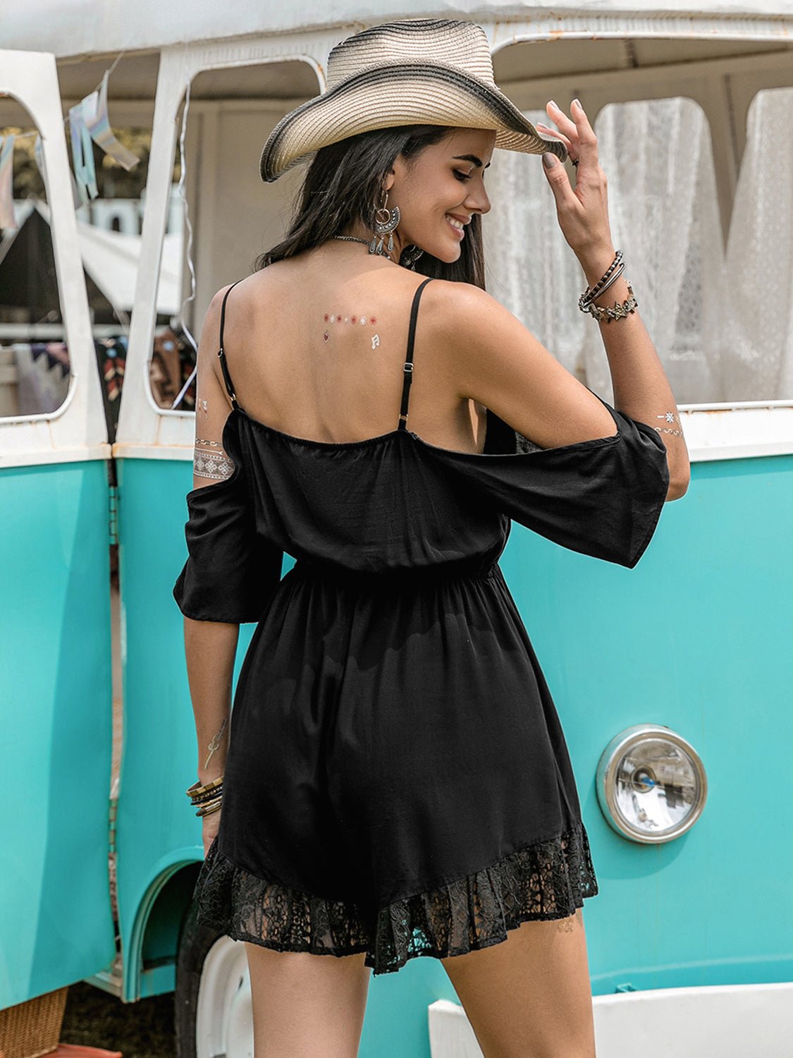 Beach Rose Co.Lace Detail Cold Shoulder Romper in Black