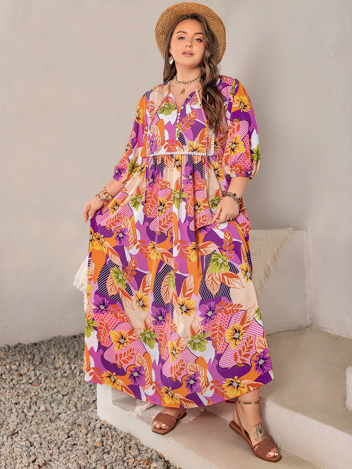 Beach Rose Co.Plus Size Tropical Print Tie Neck Maxi Dress