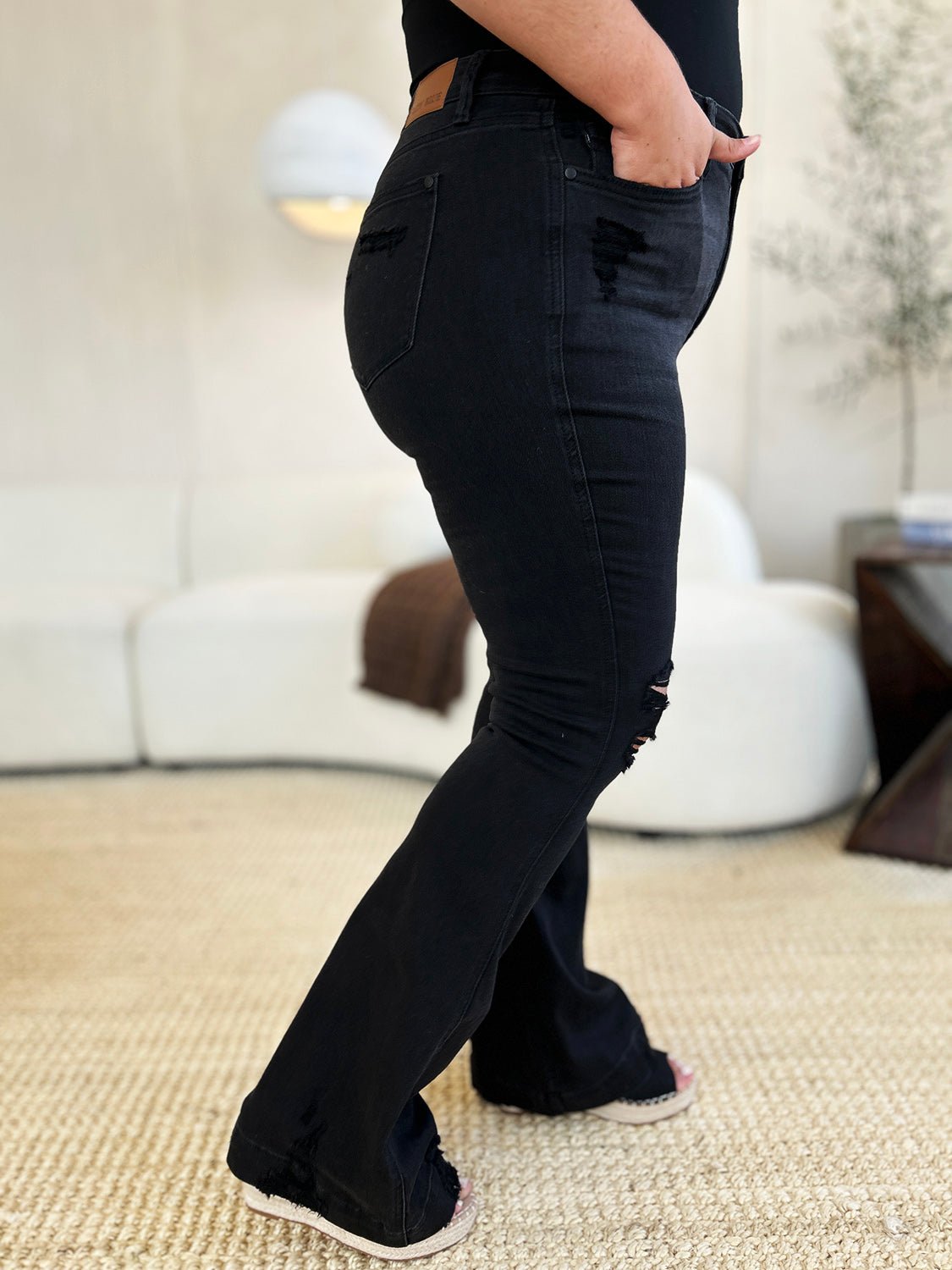 Judy BlueHigh Waist Distressed Flare Jeans in Black