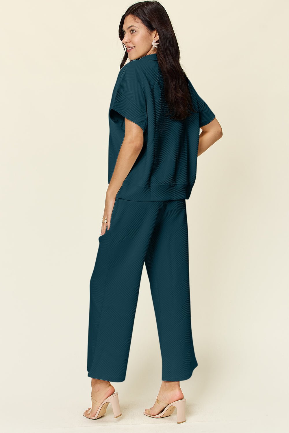 Double TakeTextured Half Zip Short Sleeve Top and Pants Set