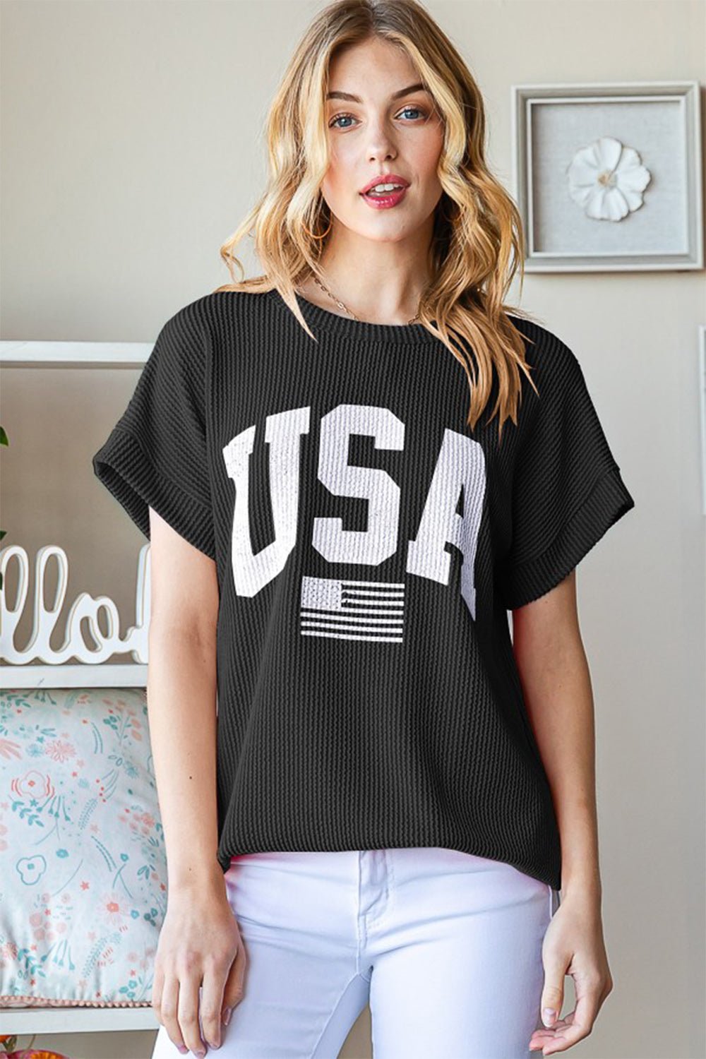 HeimishUSA Graphic Short Sleeve Rib Knit Top in Black