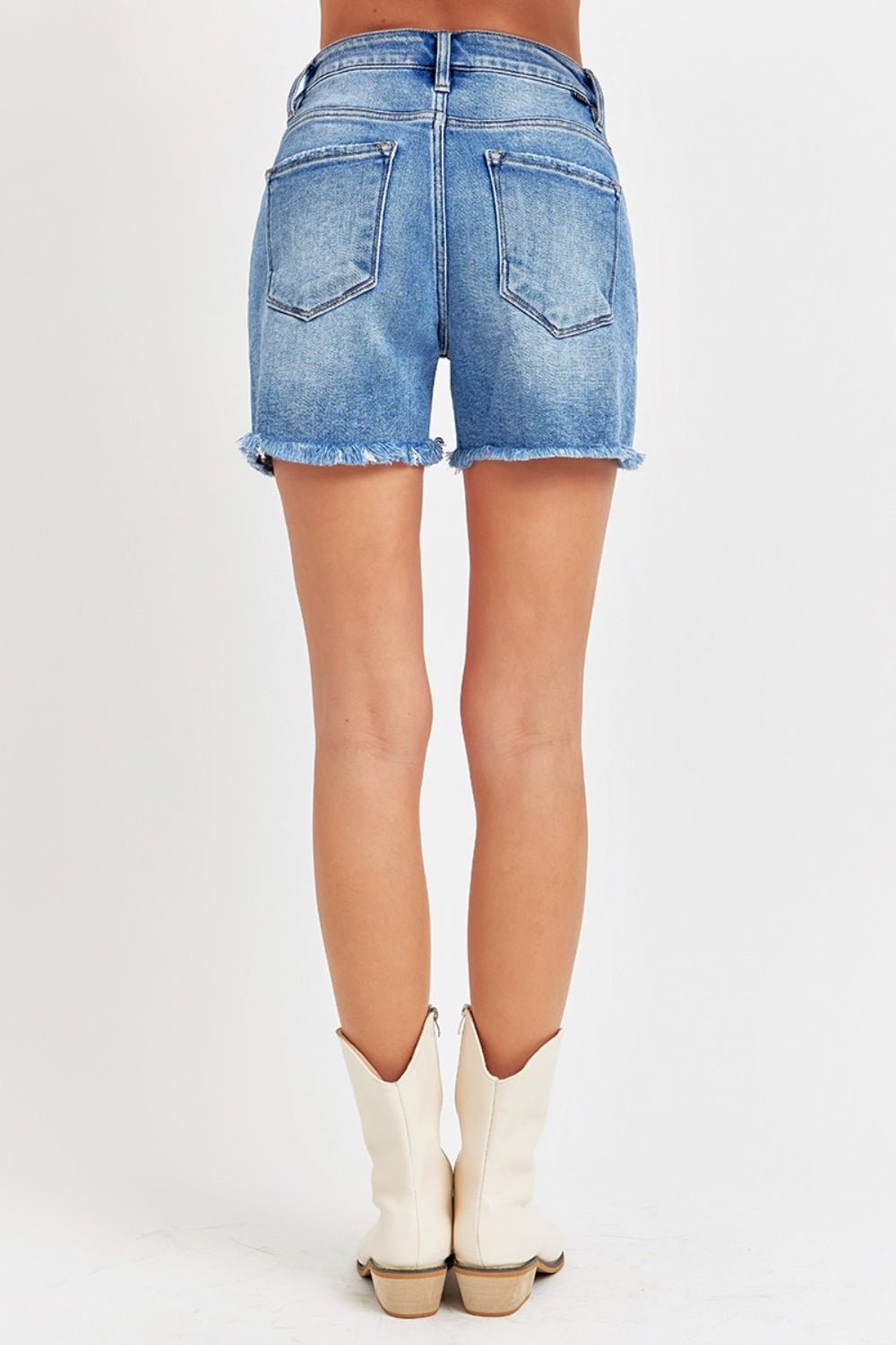 RISENMedium Wash Raw Hem Denim Shorts