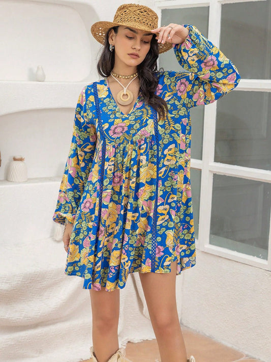 Beach Rose Co.Floral Print V - Neck Balloon Sleeve Mini Dress in Royal Blue