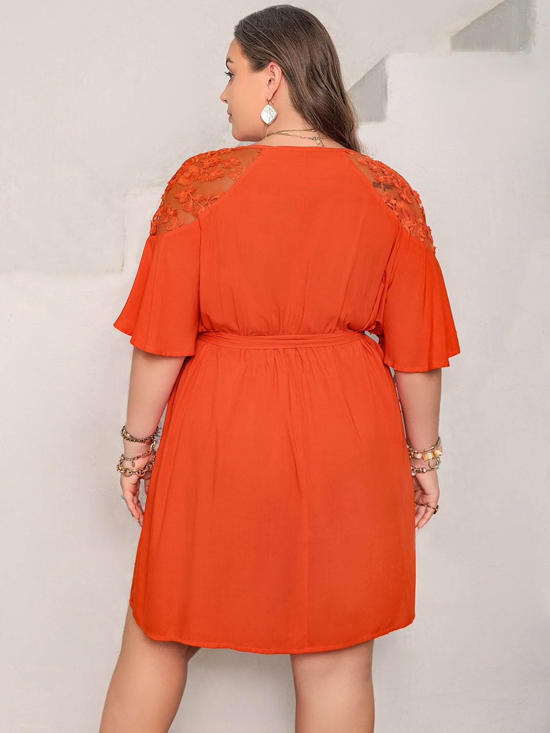 Beach Rose Co.Plus Size Lace Detail Button Up Half Sleeve Mini Dress in Orange