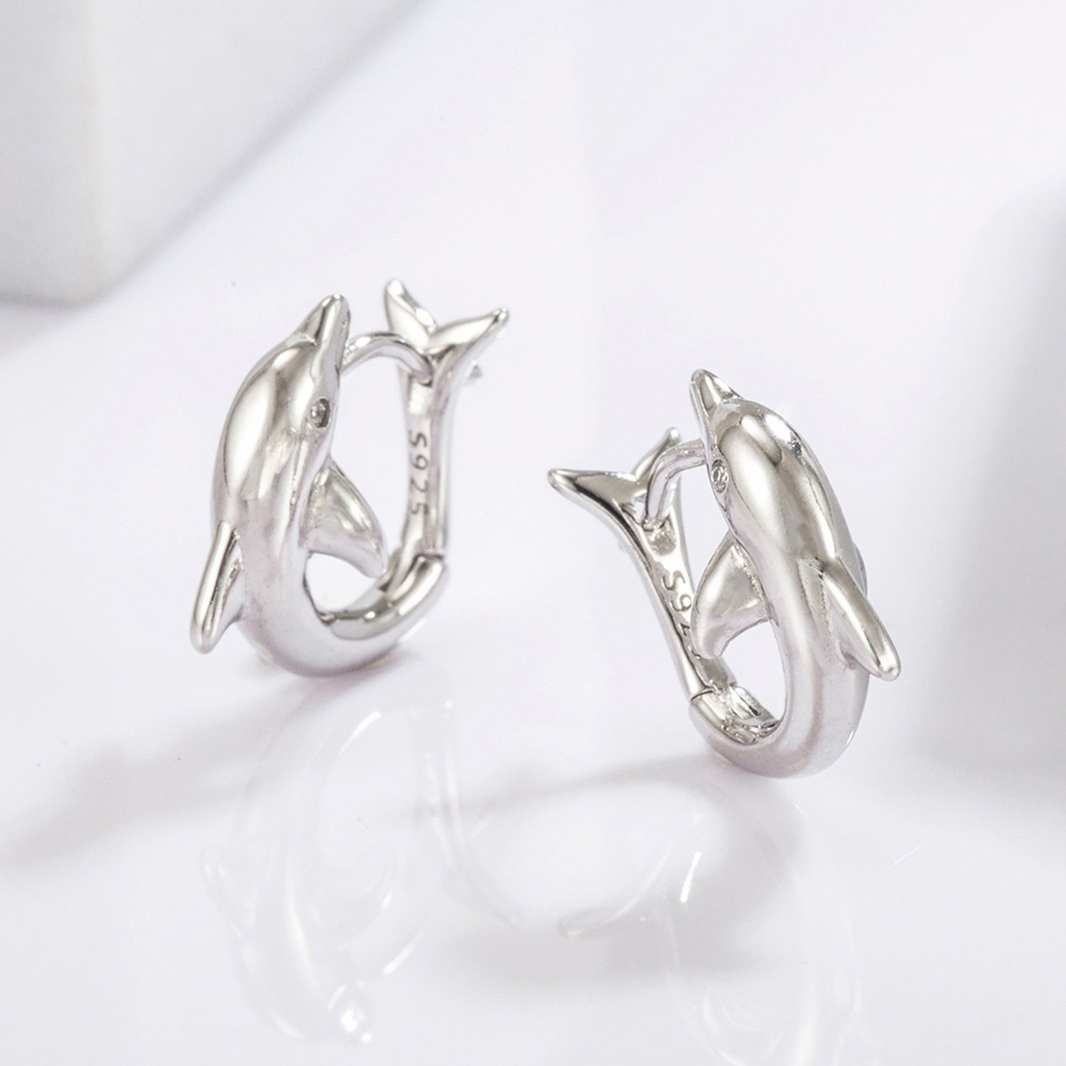 Beach Rose Co.Silver Zircon Dolphin Hoop Earrings