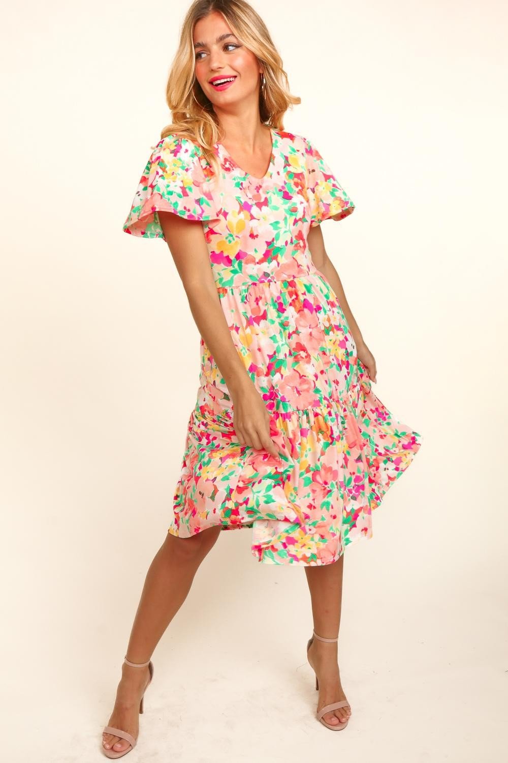 HapticsTiered Floral Midi Dress with Pockets in Fuchsia Peach