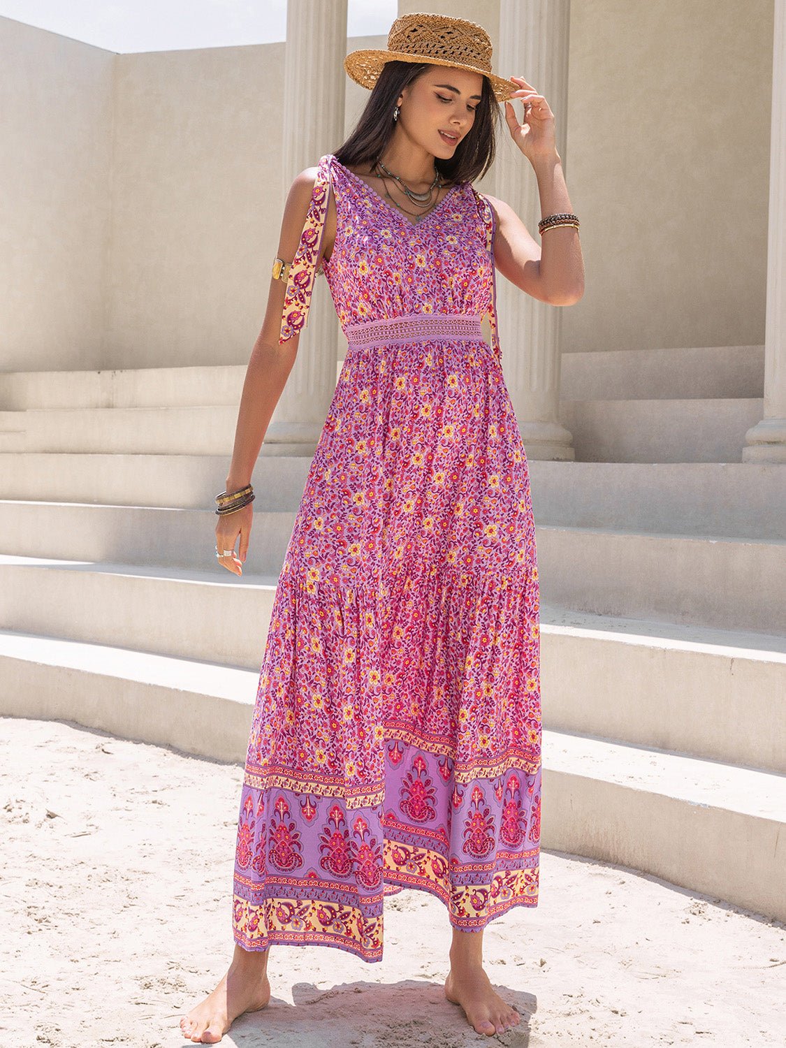 Beach Rose Co.Printed V - Neck Sleeveless Maxi Dress in Fuchsia Pink