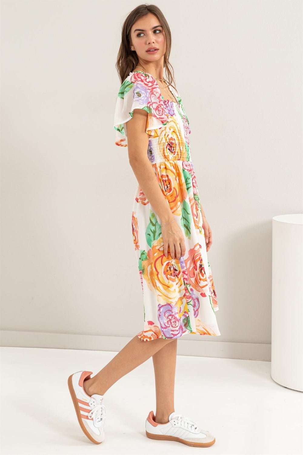 HYFVEMulticolor Floral Flutter Sleeve Smocked Midi Dress