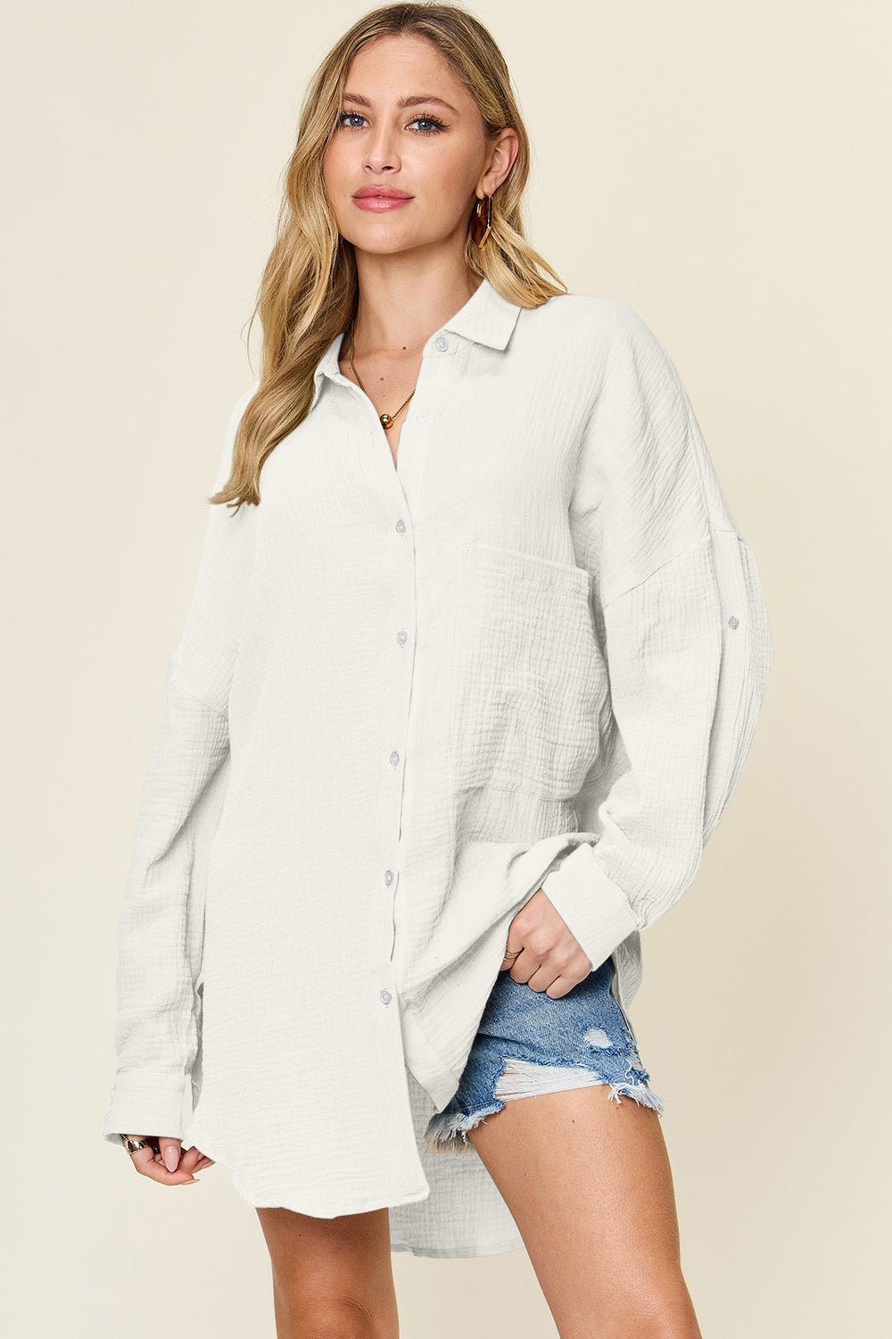 Double TakeTextured Button Up Cotton Shirt