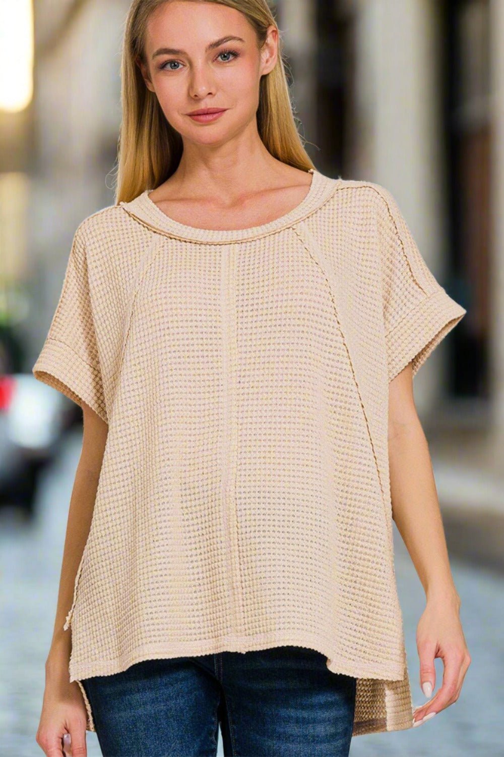 ZenanaWaffle Knit Exposed - Seam Short Sleeve T - Shirt in Beige