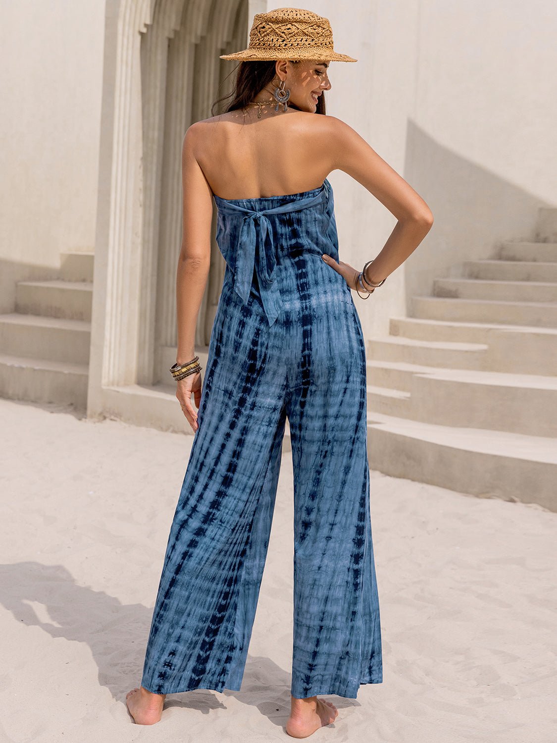 Beach Rose Co.Strapless Tie Dye Wide Leg Jumpsuit in Blue