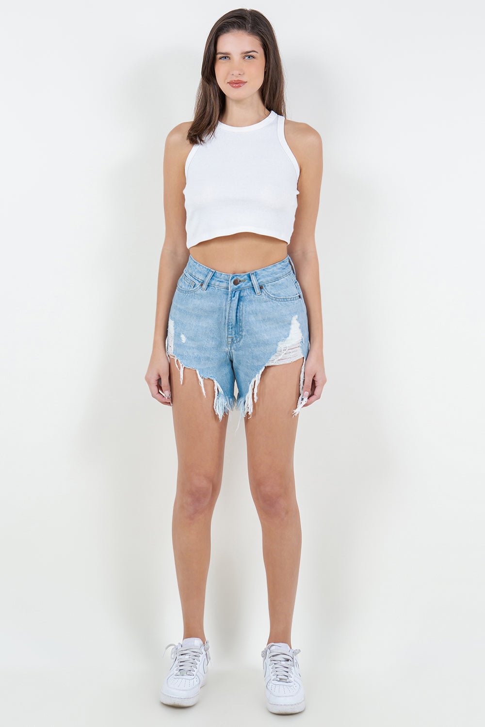 American BaziHigh Waist Fringed Hem Denim Shorts