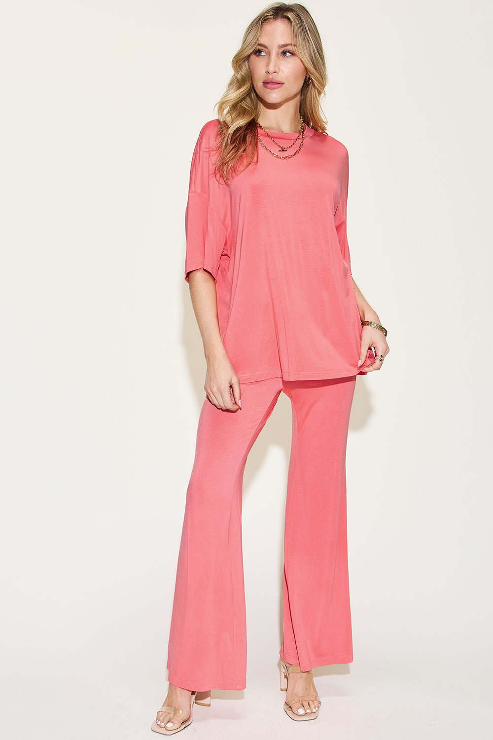 Basic BaeDrop Shoulder T - Shirt and Flare Pants Set