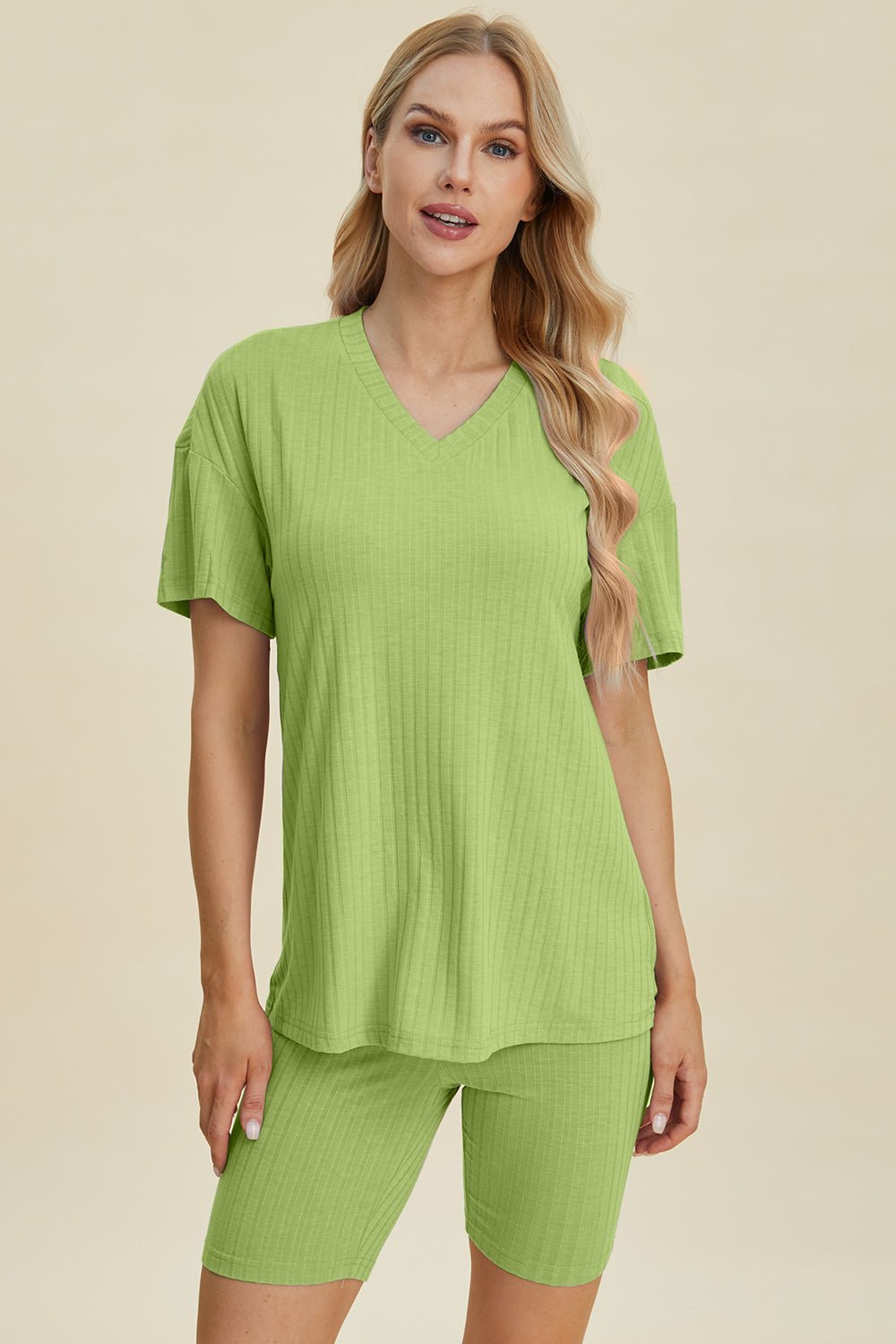 Basic BaeRib Knit V - Neck Short Sleeve Top and Shorts Set