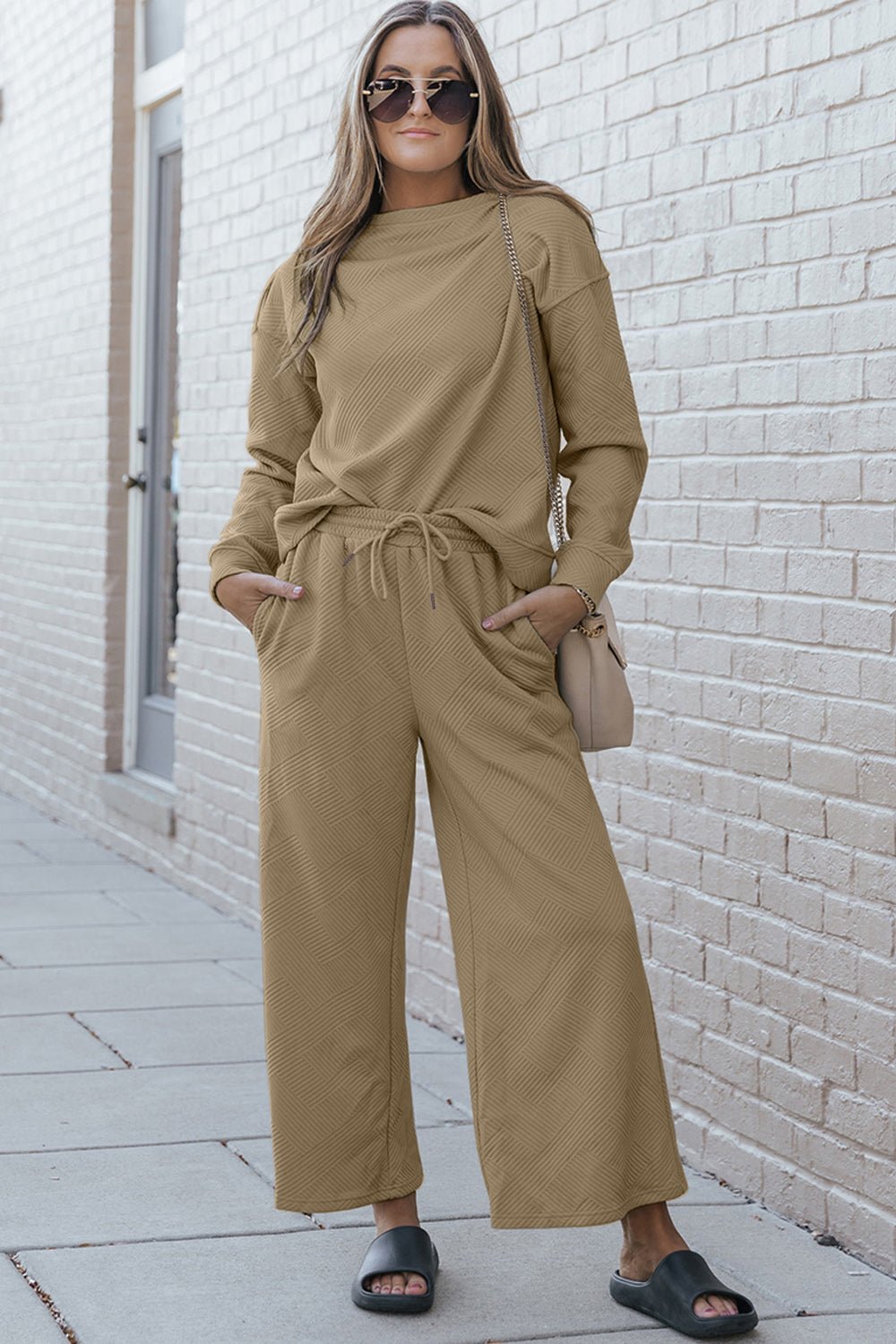 Double TakeTextured Long Sleeve Top and Drawstring Pants Set