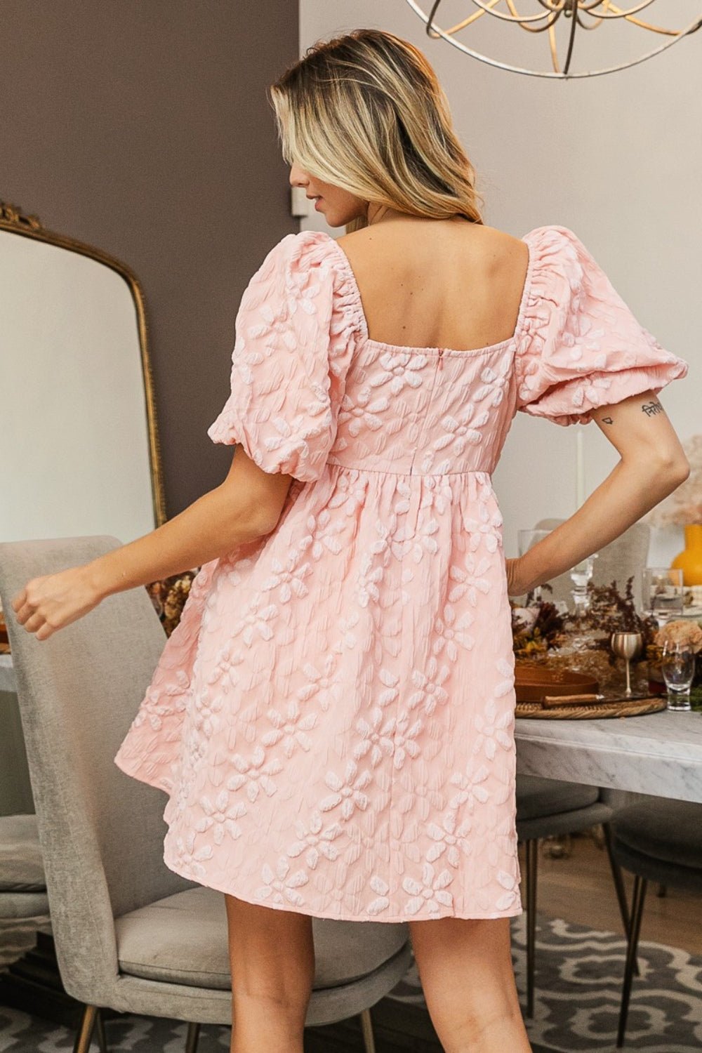 BiBiFloral Jacquard Puff Sleeve Mini Dress in Blush