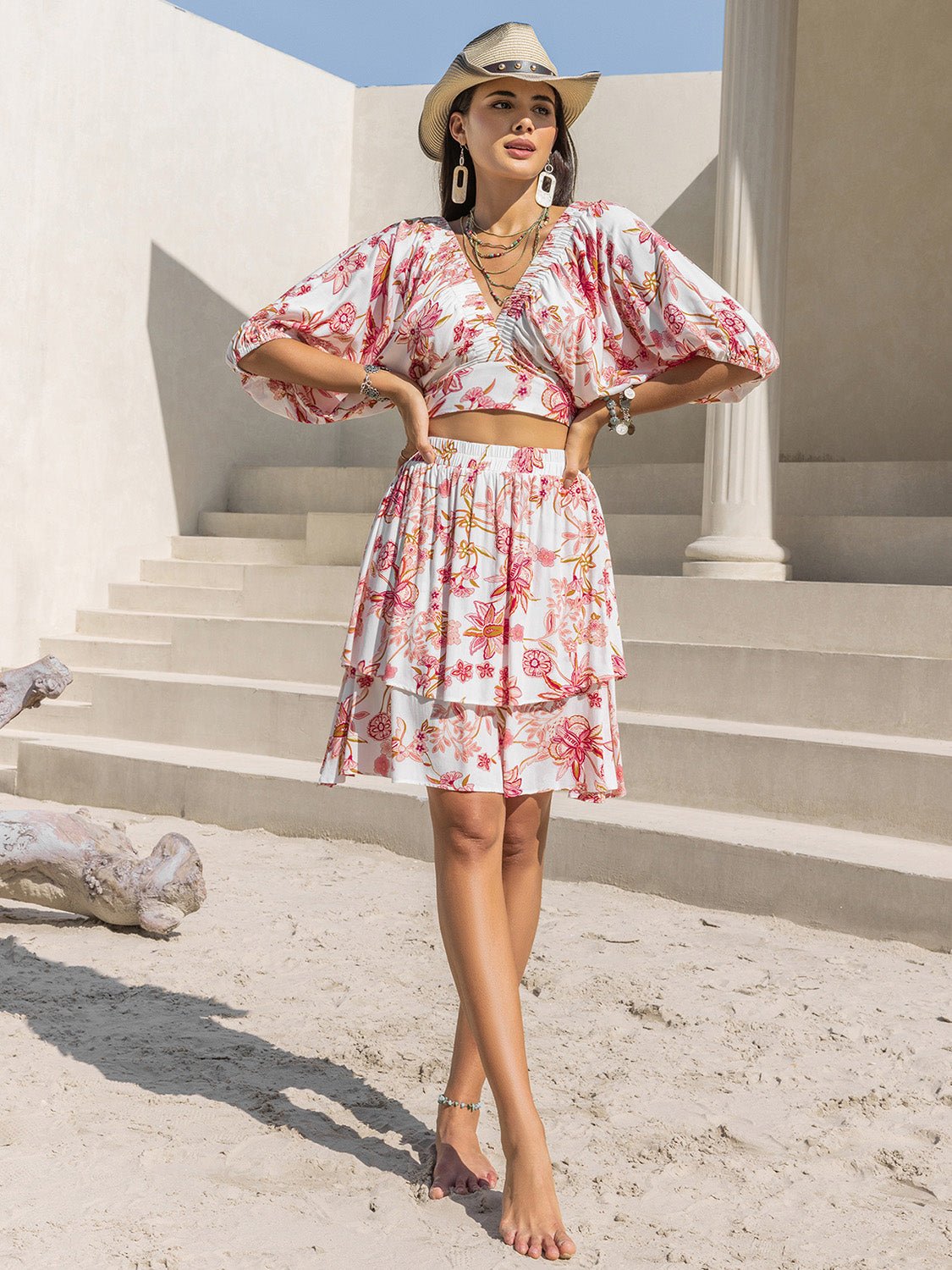 Beach Rose Co.Floral Print Crop Top and Mini Skirt Set in Blush Pink