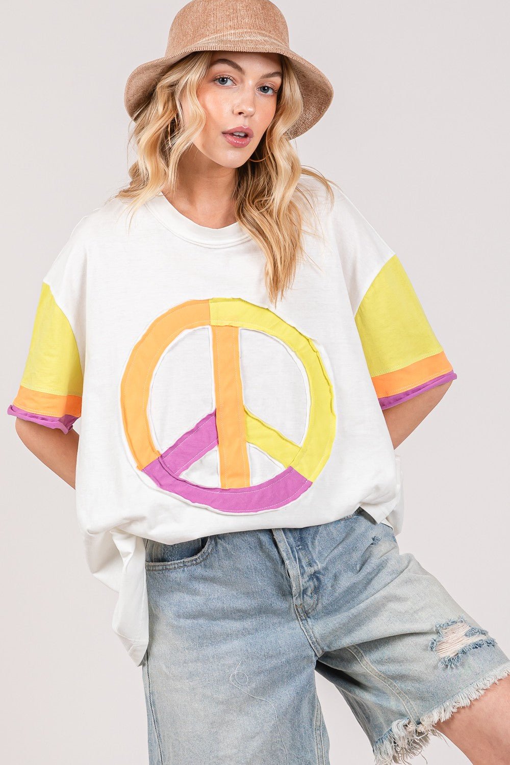 SAGE+FIGMulticolor Color Block Peace Sign Applique T - Shirt