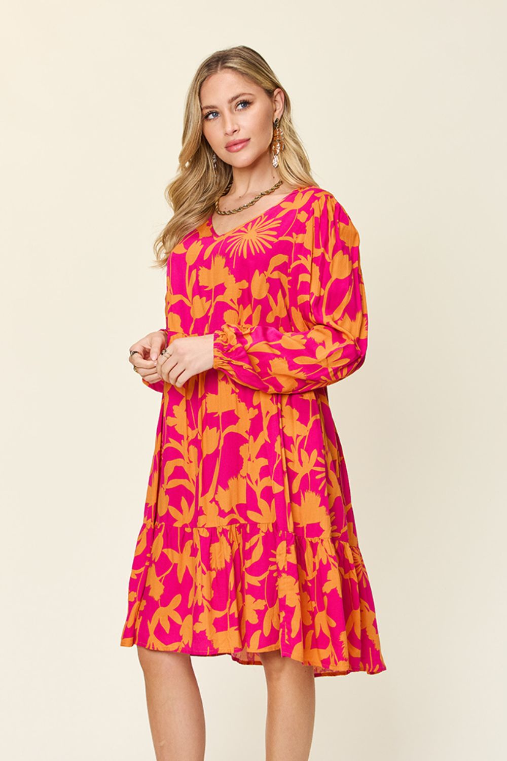 Double TakeFloral Print Ruffle Hem Long Sleeve Knee - Length Dress