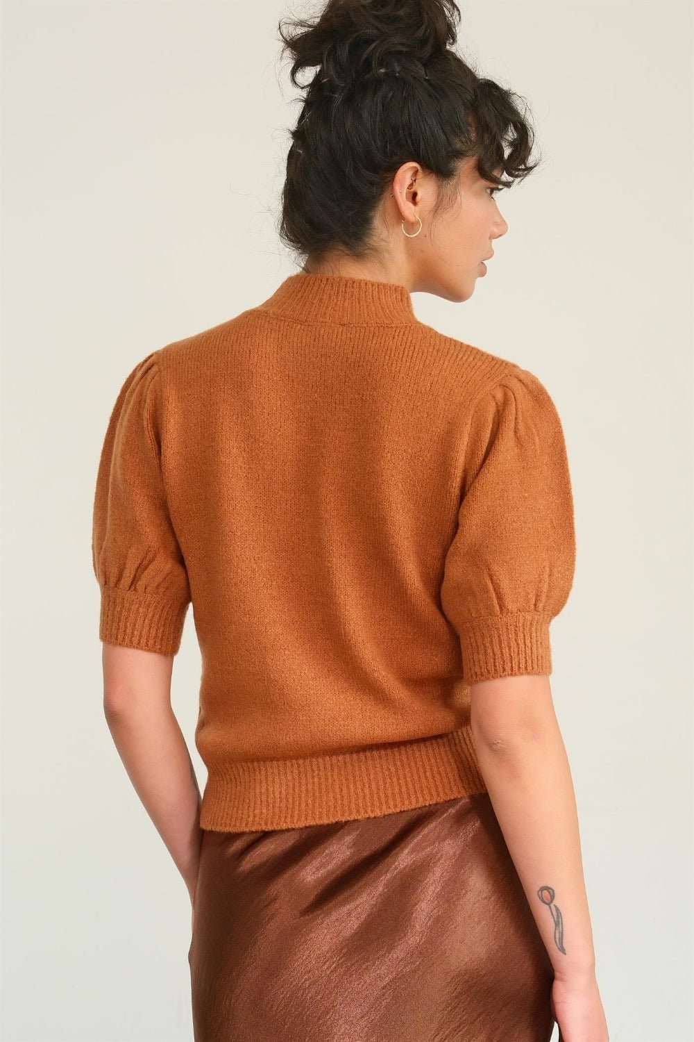 HYFVEMock Neck Puff Sleeve Sweater in Chocolate