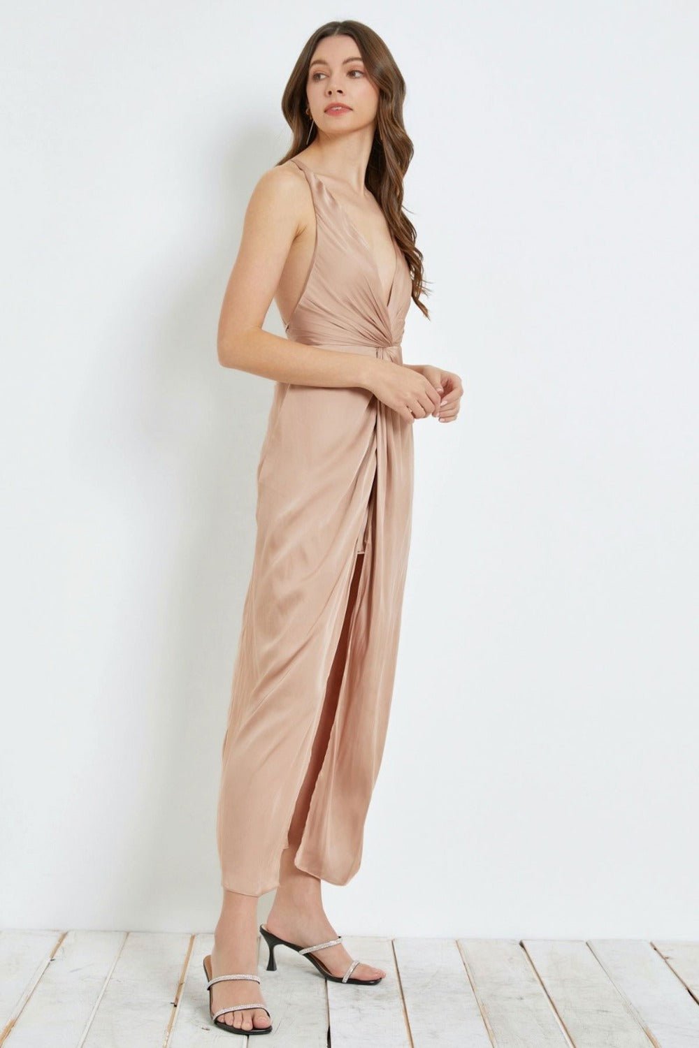 MUSTARD SEEDTwisted Front Backless Maxi Slip Dress in Rose Beige