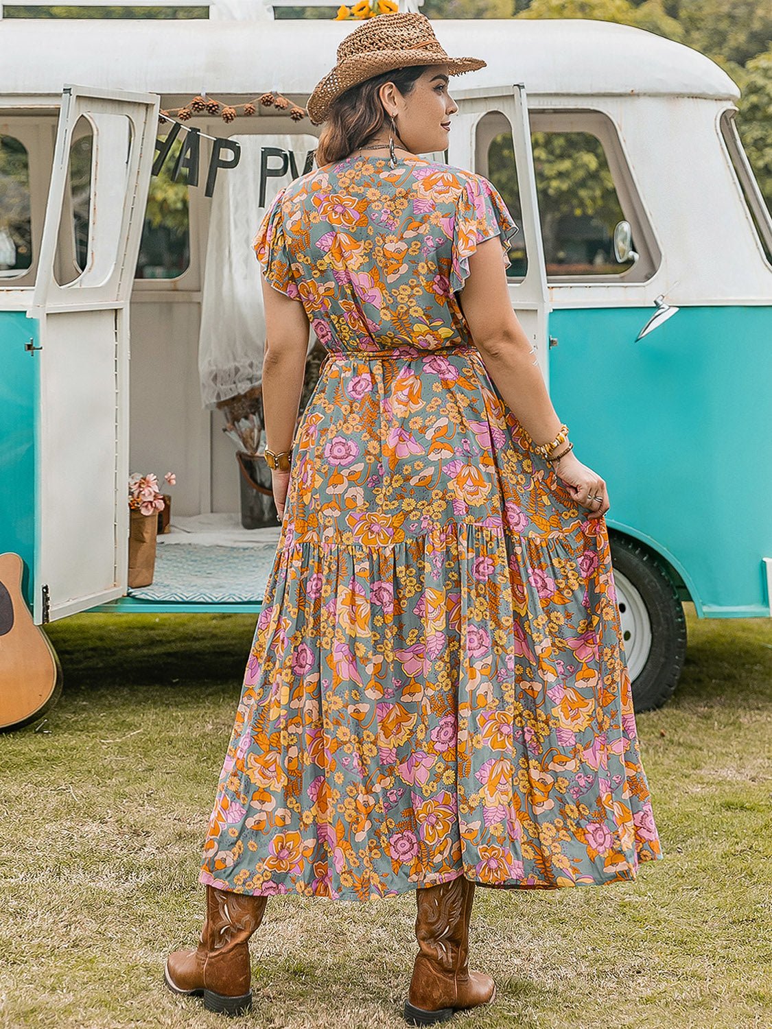 Beach Rose Co.Plus Size Ruffled Sleeve Floral Print Maxi Dress