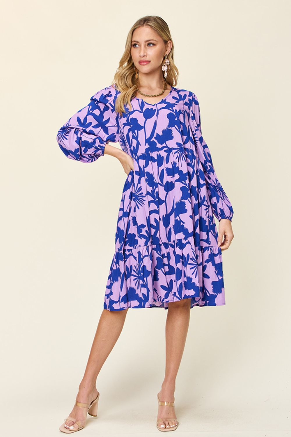 Double TakeFloral Print Ruffle Hem Long Sleeve Knee - Length Dress