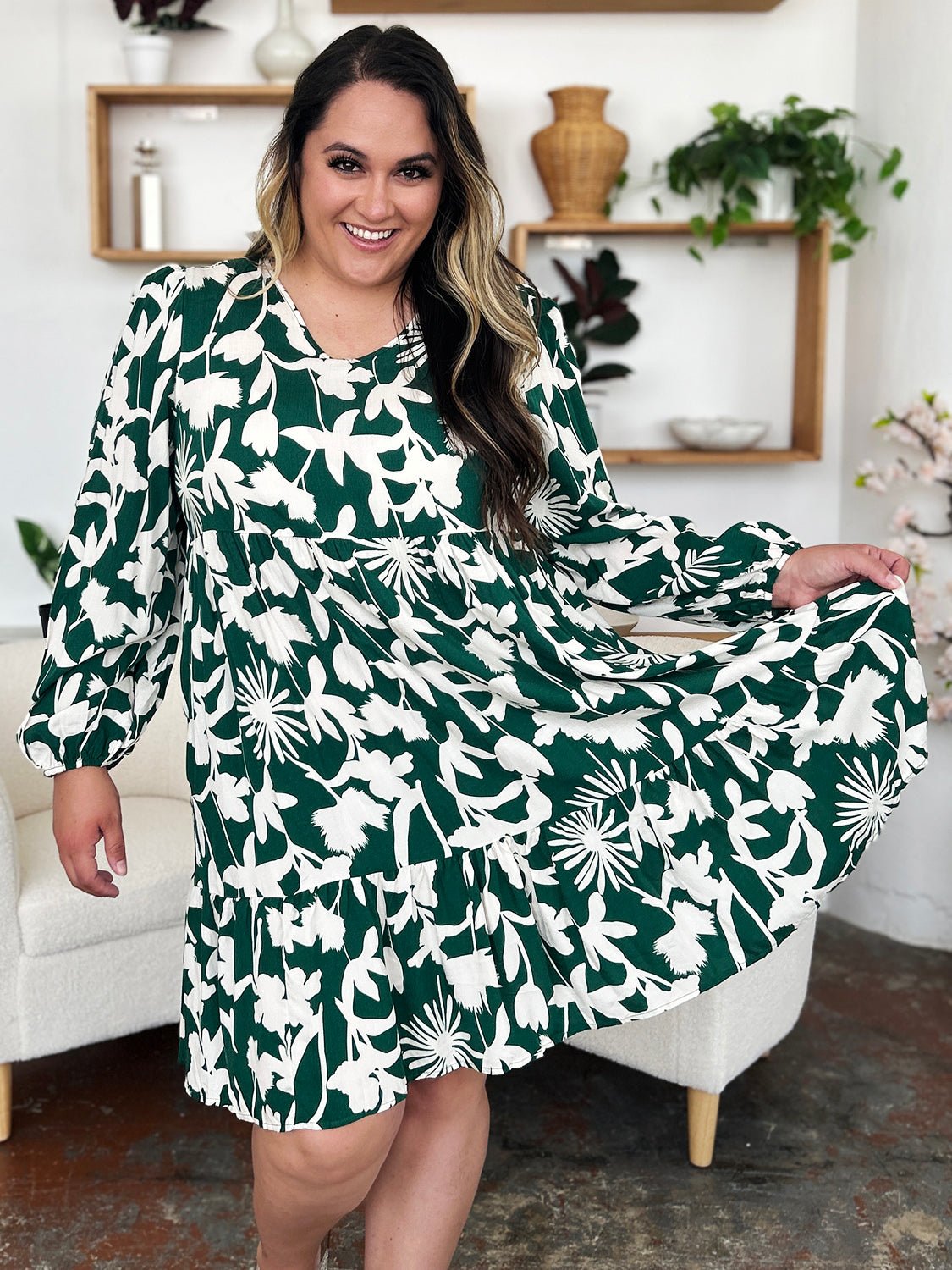 Double TakeFloral Print Ruffle Hem Long Sleeve Knee - Length Dress