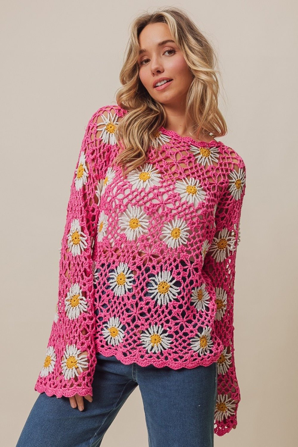 BiBiDaisy Crochet Lace Top in Fuchsia