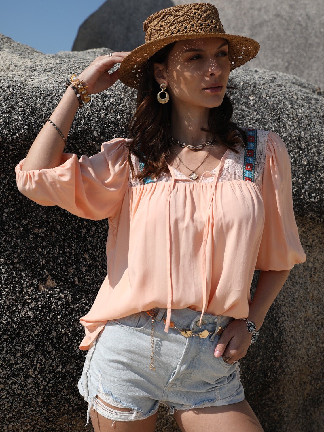 Beach Rose Co.Tie Neck Half Sleeve Blouse in Watermelon Pink