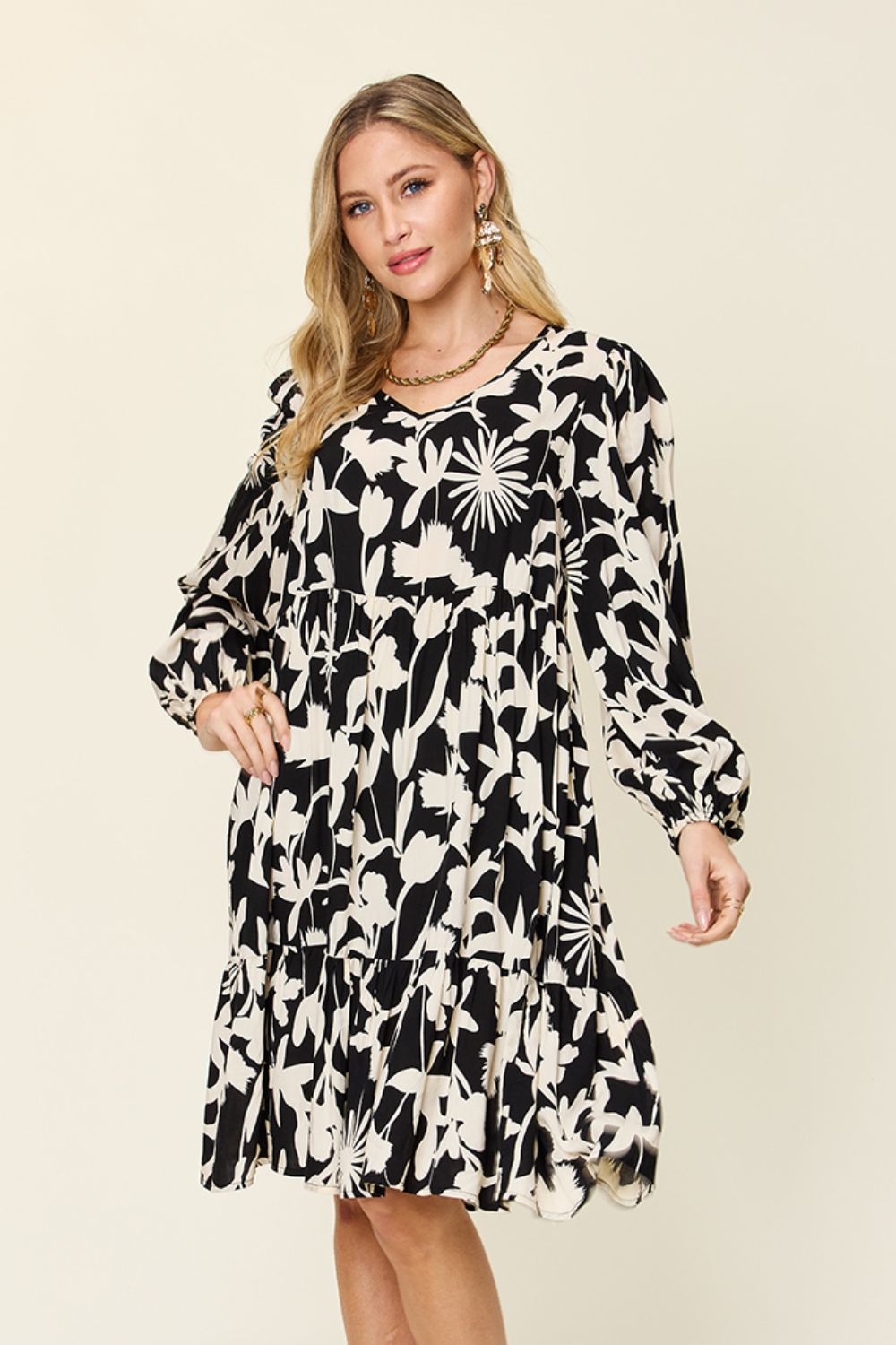 Double TakeFloral Print Ruffle Hem Long Sleeve Knee - Length Dress