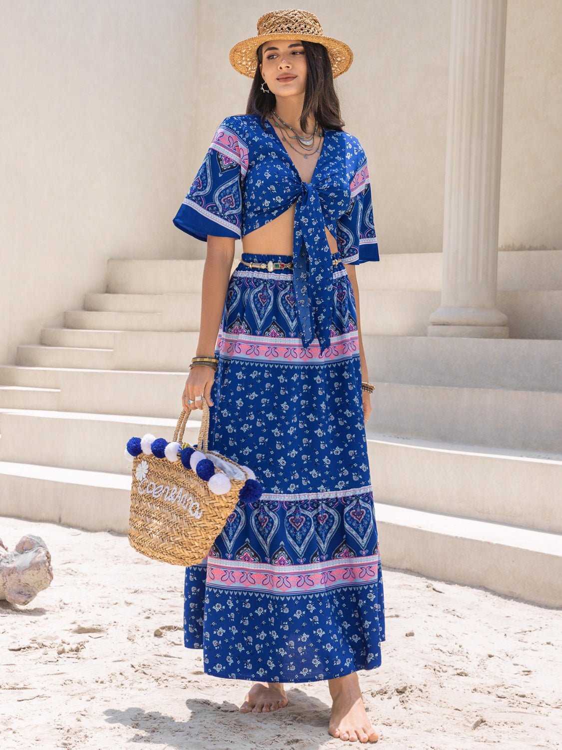 Beach Rose Co.Printed Flutter Sleeve Crop Top and Maxi Skirt Set in Dark Blue